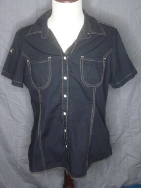 Tommy Hilfiger Button Down w/Cap Sleeves Cuffs Black Women's Large